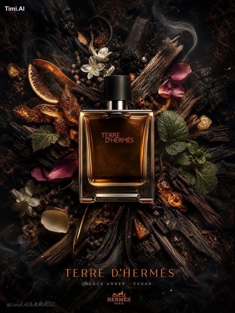 Create an ultra-premium fragrance poster for Hermès Terre d’