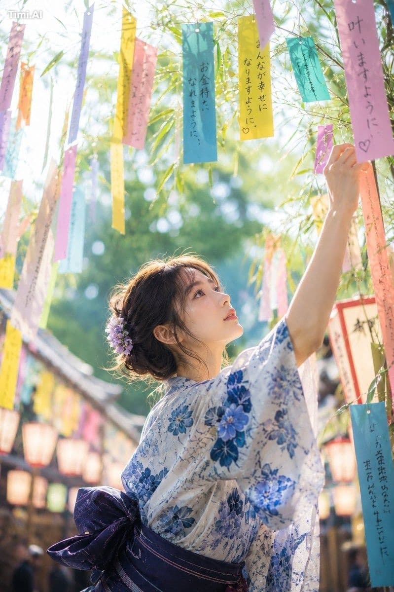 主題:
七夕
人物・表情:
20代女性。やわらかい卵型の顔立ち、透明感のある自然な肌、控えめな日式メイク。暗めのブラウ