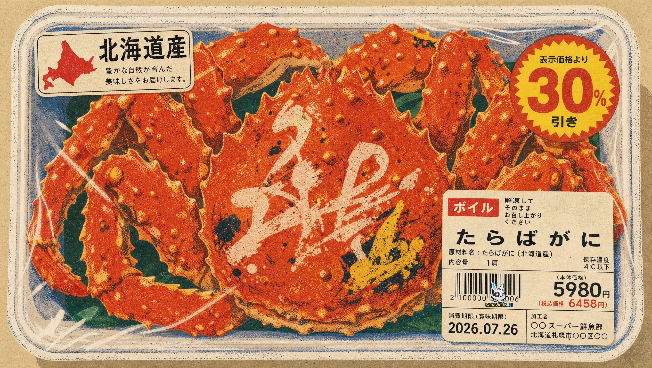 Japanese supermarket promotional poster, tactile illustratio