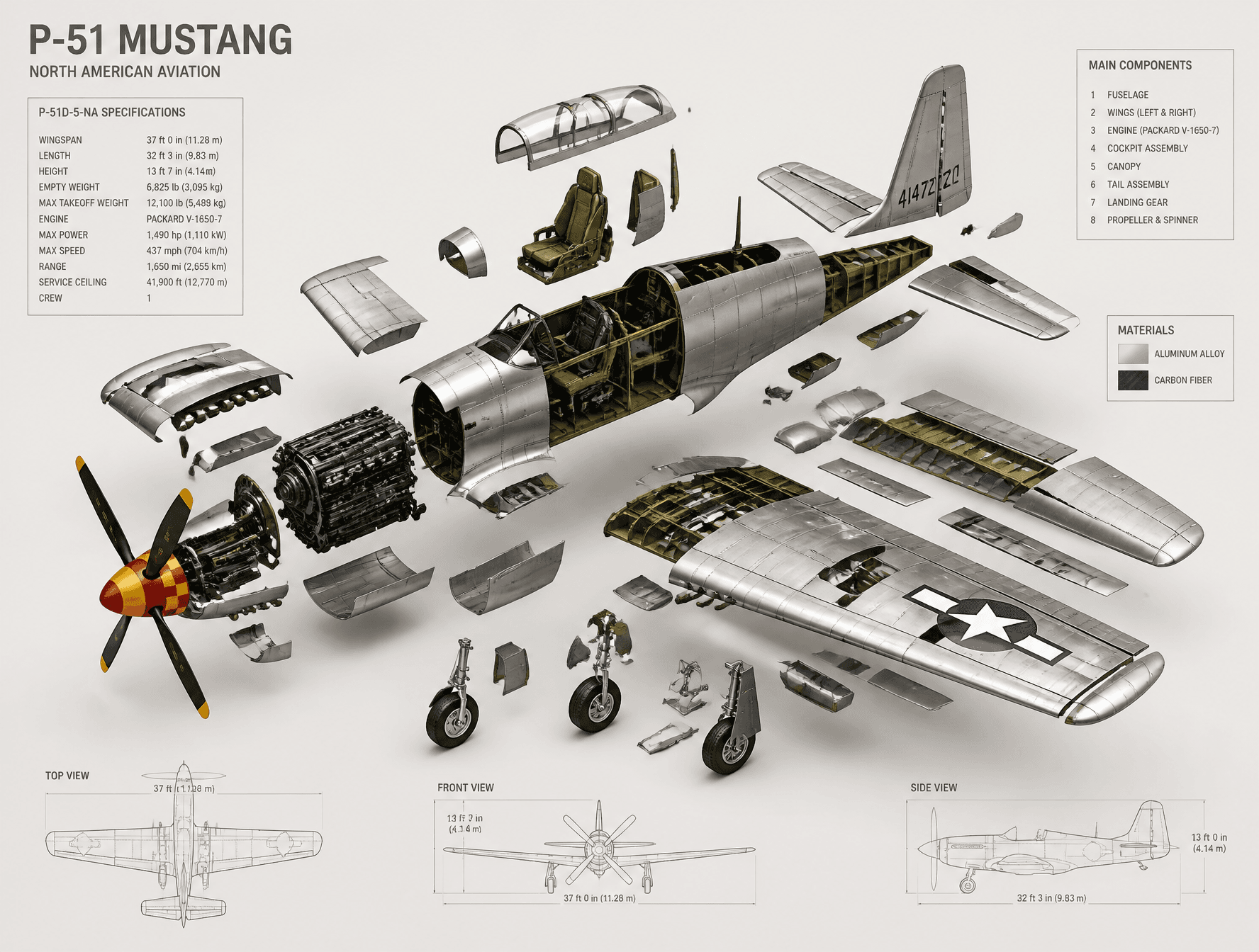 High-end 3D CAD exploded view diagram of a [p51 mustang], re