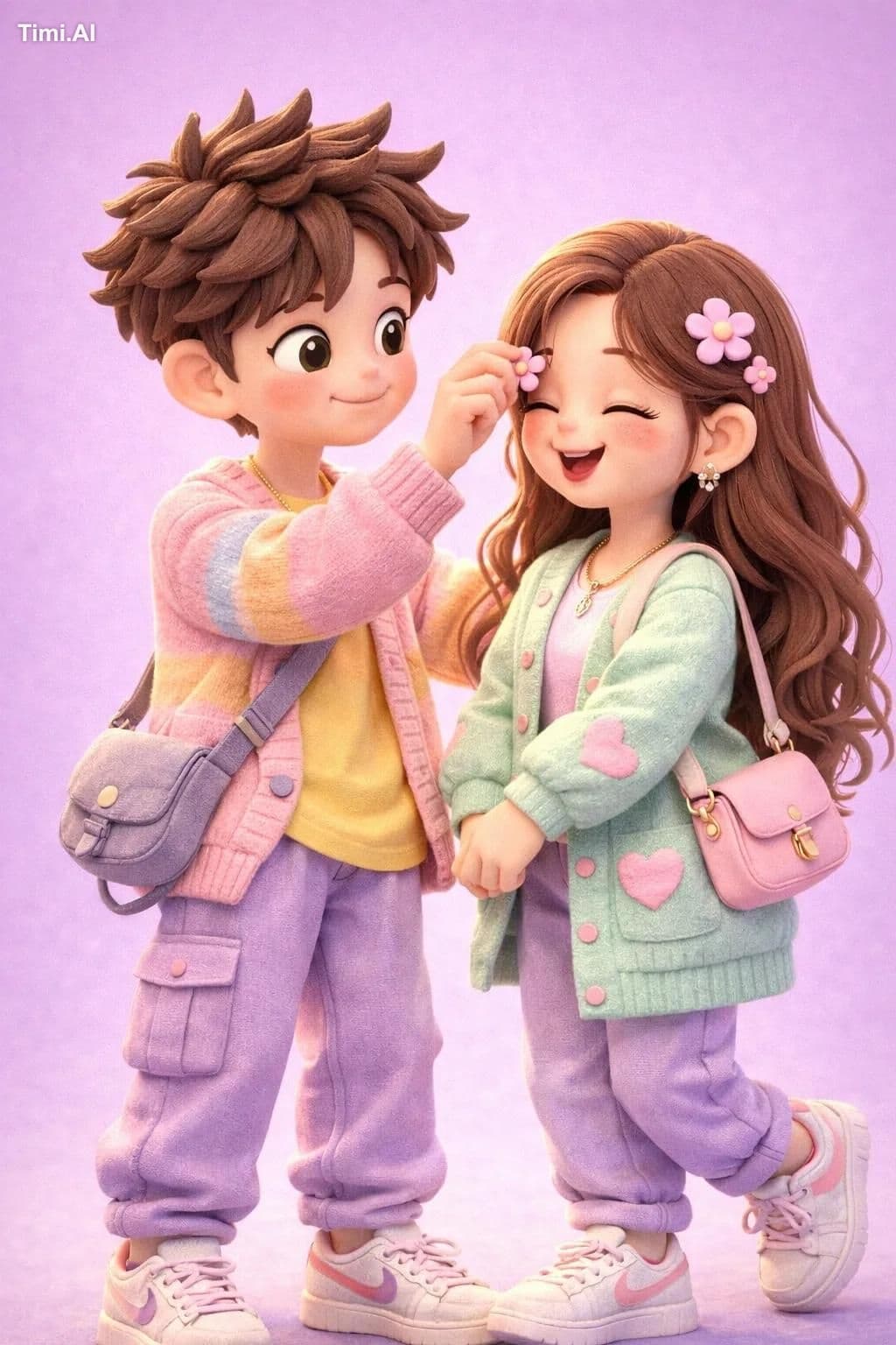 A cute pastel 3D clay-style couple, soft cartoon characters 