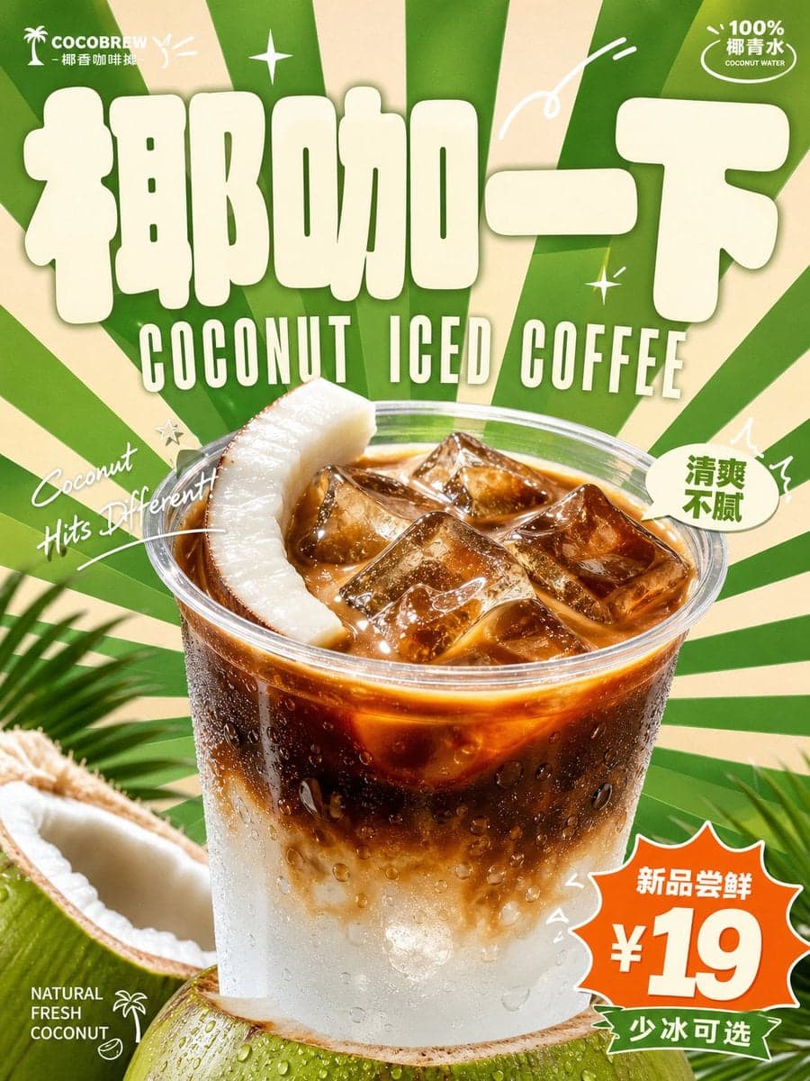 围绕具体饮料主题生成一张明亮轻快的复古商业广告视觉：画面第一眼由超大、厚实、圆角饱满的主题字标建立记忆点，字形像柔软膨胀