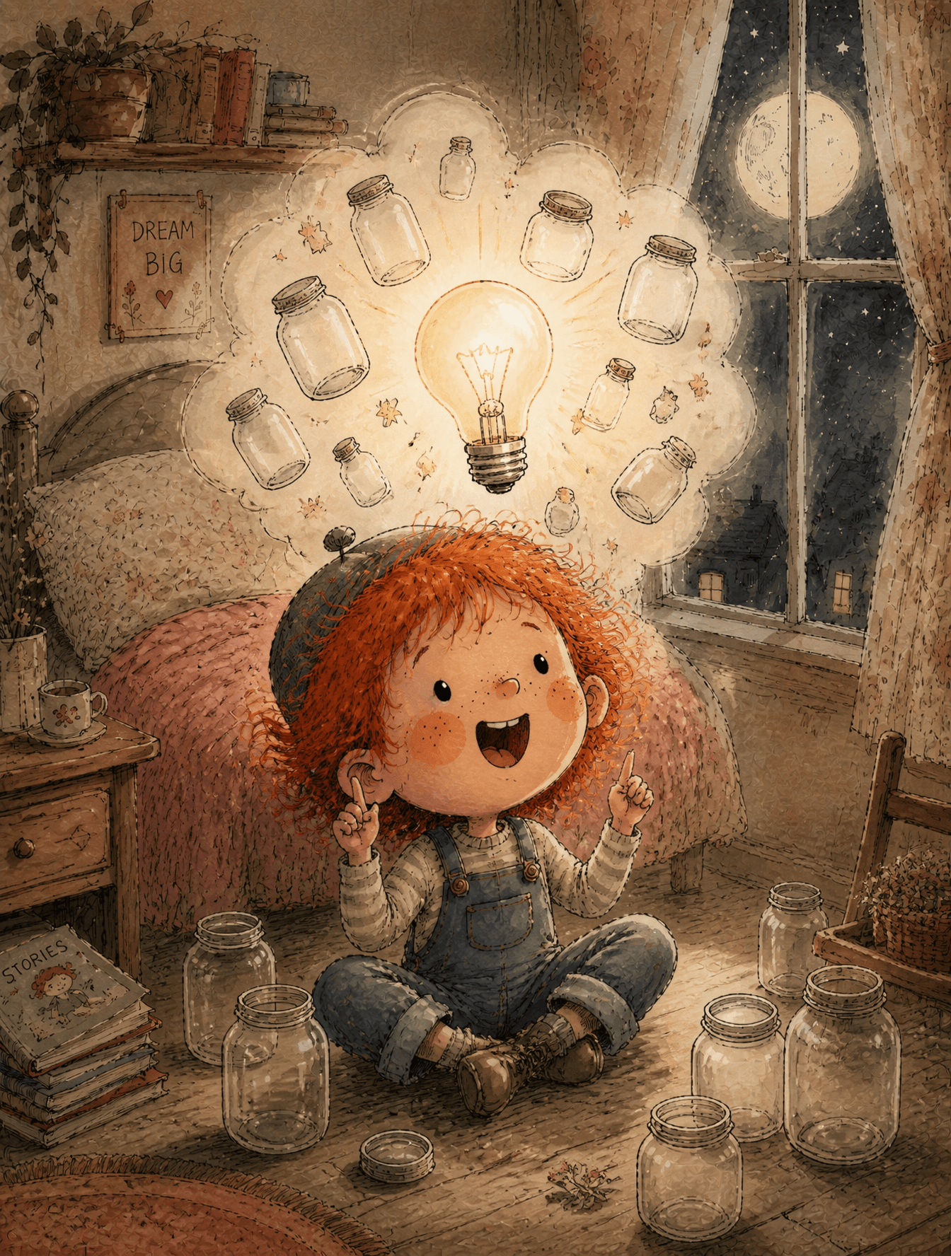 A young boy with wild red hair, freckles, rosy round cheeks,