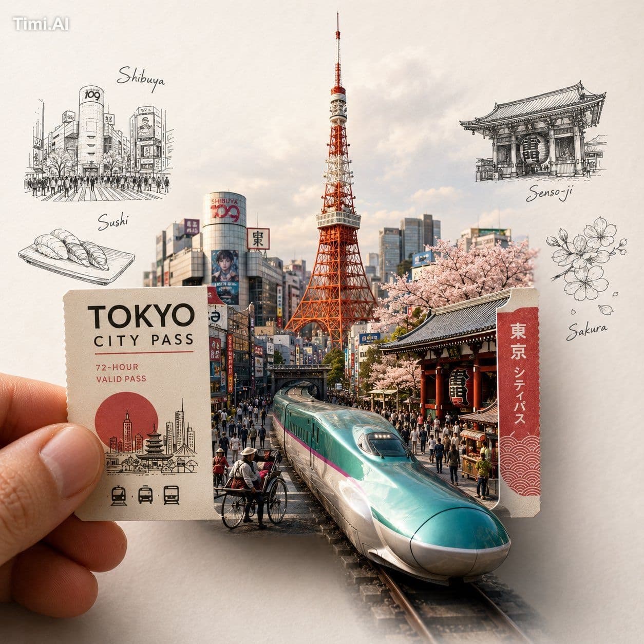 ChatGPT Image 2.0:

手前には、片手で持った「その都市を代表する交通チケットまたはフリーパス」を配置し