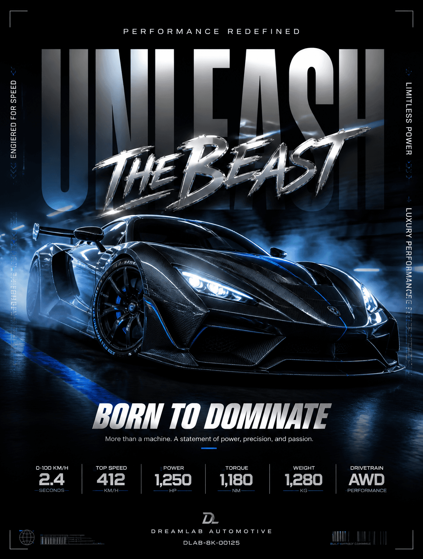 Ultra-premium automotive advertising poster on a dark cinema