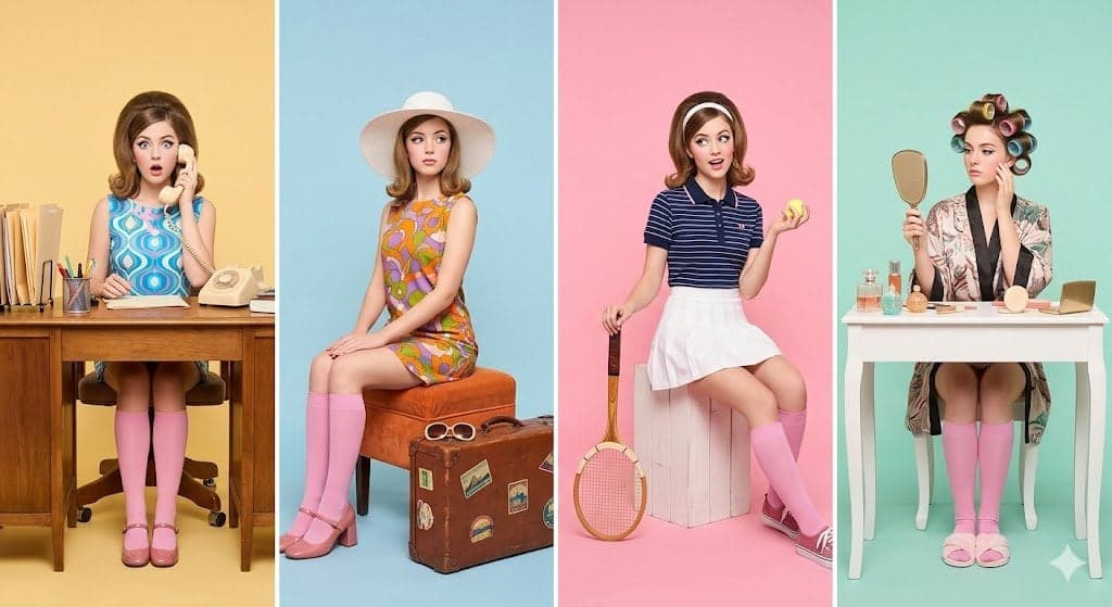 Retro studio photography featuring the same woman in four di
