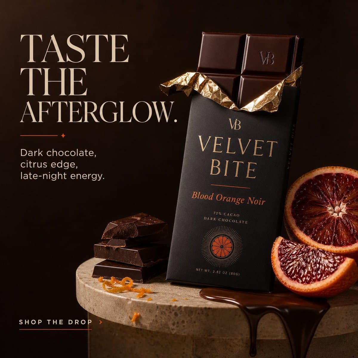 Create a premium ad for a fictional luxury chocolate brand c