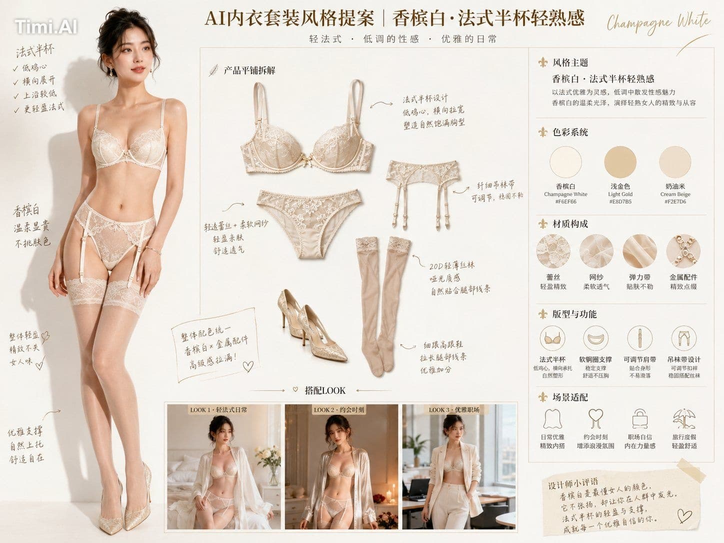请根据用户输入的【内衣主题 / 色系 / 风格方向】，创作一张横向 4:3 的高完成度中文版「AI内衣套装风格提案 / 