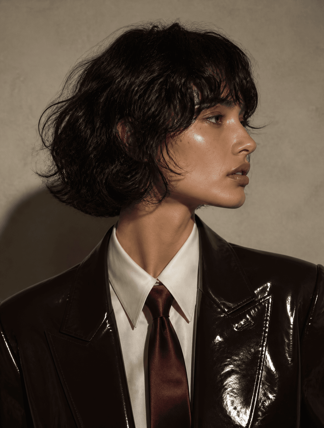 A high-fashion editorial medium close-up photograph of a wom