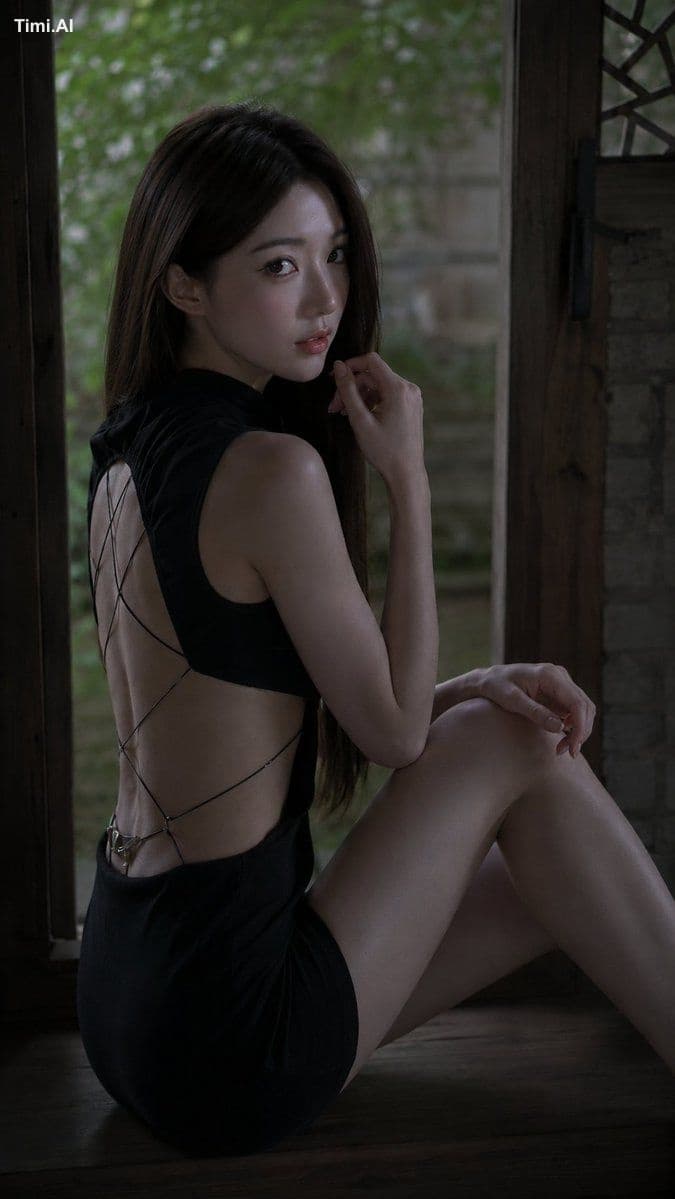 创作一幅写实的竖幅室内时尚大片肖像,描绘一位21岁以上的东亚成年女性,她坐在昏暗复古室内深色木质窗台上。她位于画面中心偏