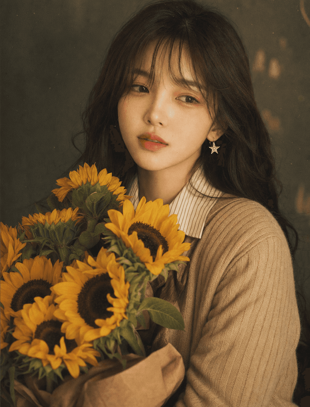 POSITIVE PROMPT:A young East Asian woman with long, soft dar