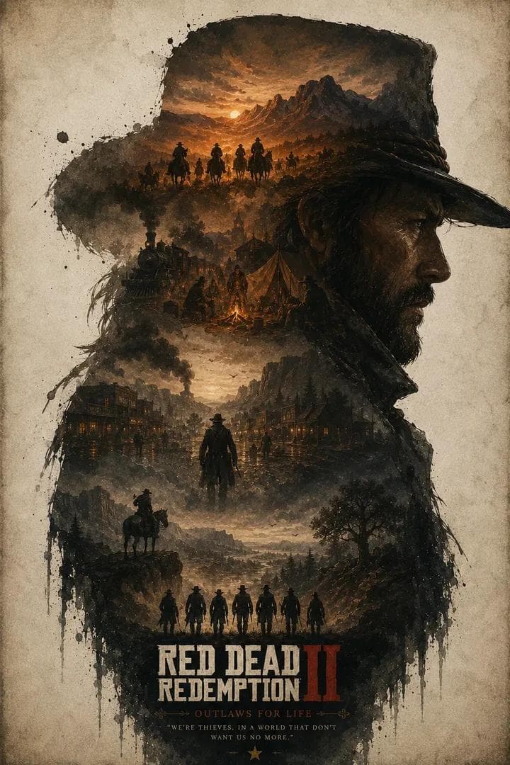 Masterpiece double exposure poster, rugged wild west cowboy