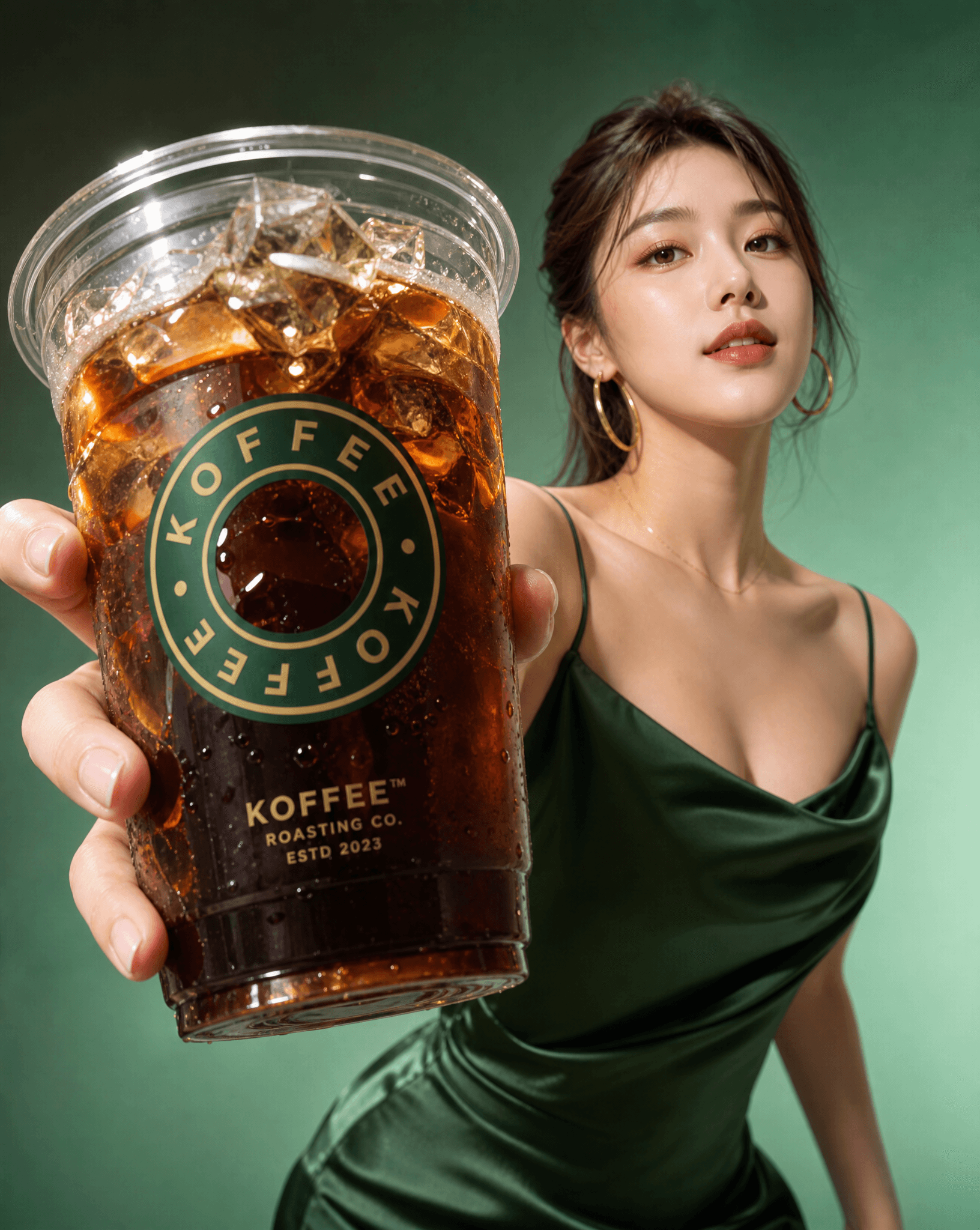 一张高端[咖啡饮品]商业广告大片，[一位韩国网红美女]穿着[墨绿色缎面时尚吊带裙]，妆容为[精致清透的韩式妆容]，配饰为