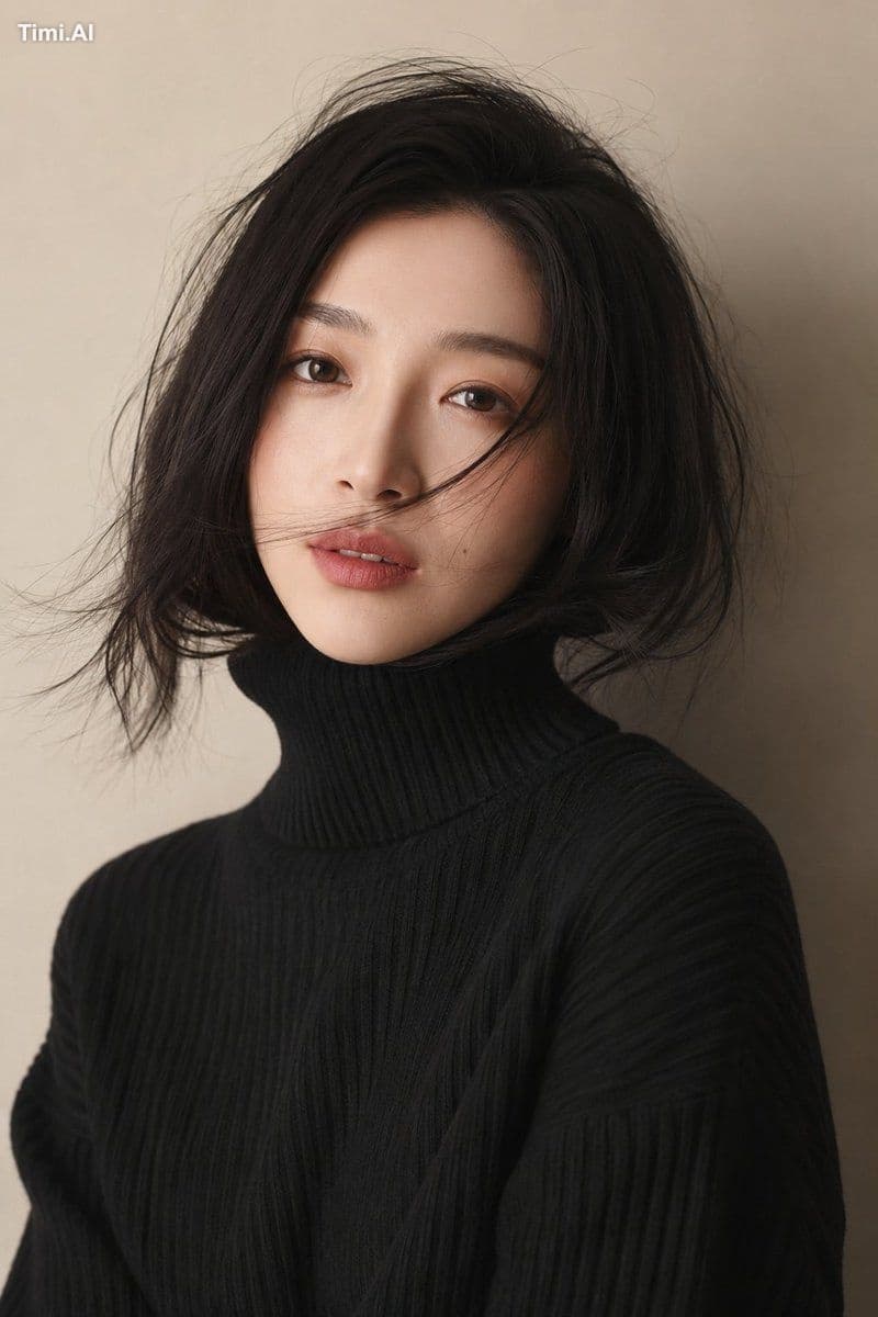 创作一幅写实的竖幅特写美妆时尚人像,风格柔和简约,适合室内拍摄。画面中是一位东亚成年女性,镜头从上半身延伸至头顶,她位于