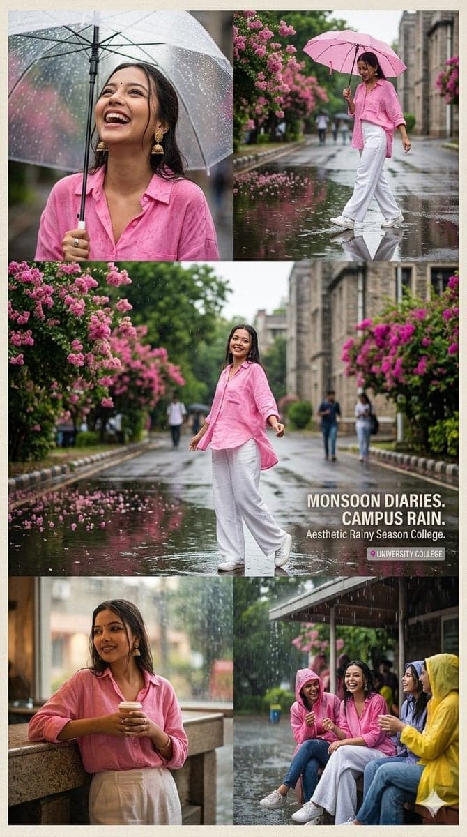 Aesthetic rainy season college portrait collage of a stylish