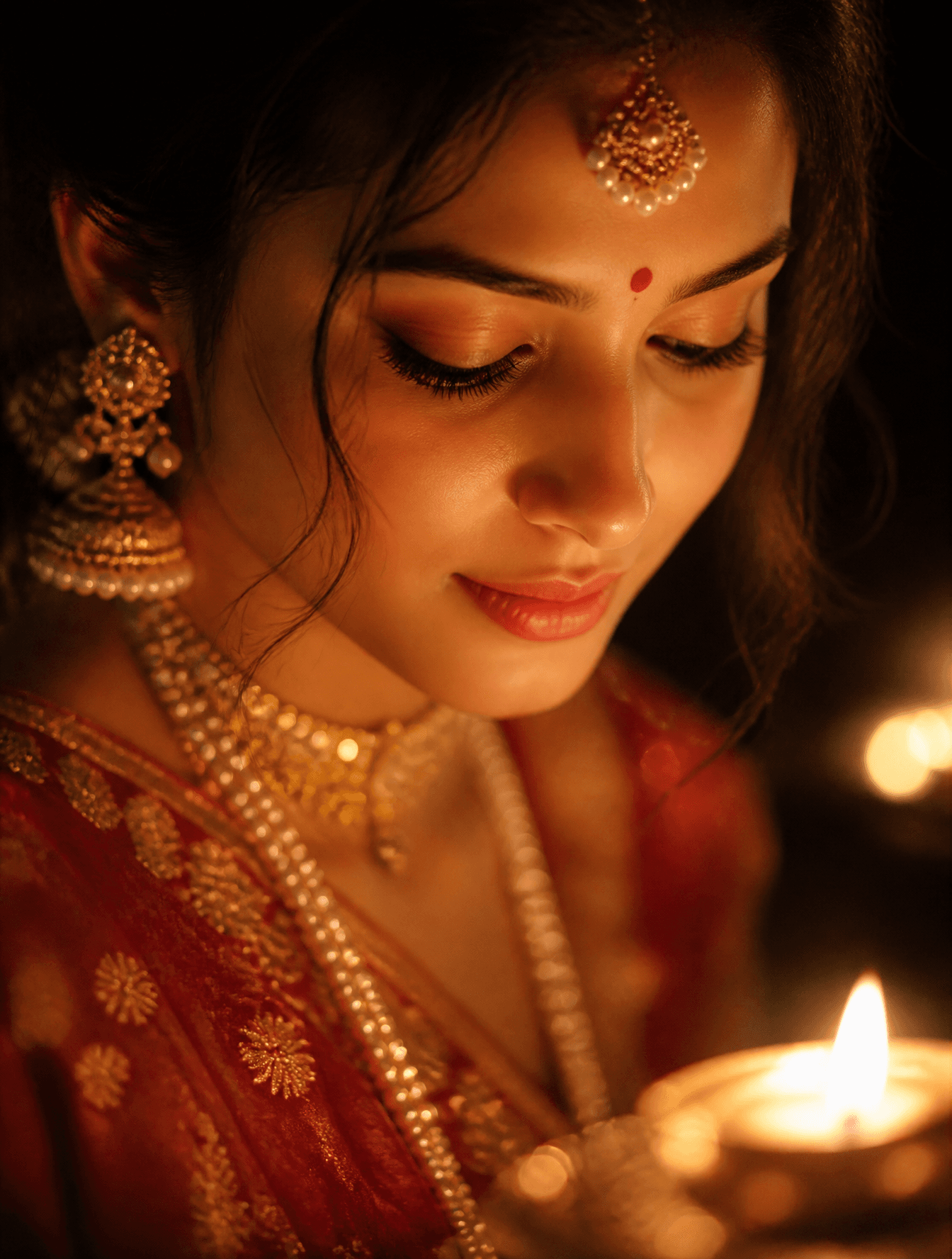 A portrait of a woman in traditional Indian attire is captur