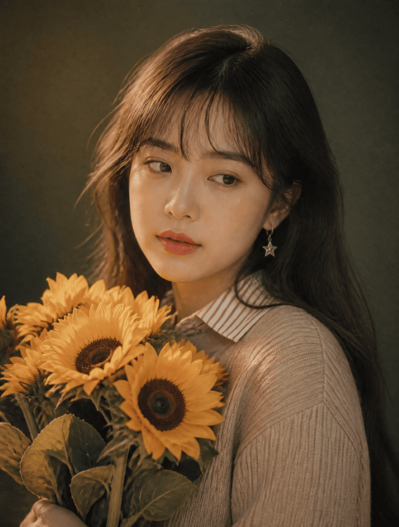 POSITIVE PROMPT:A young East Asian woman with long, soft dar