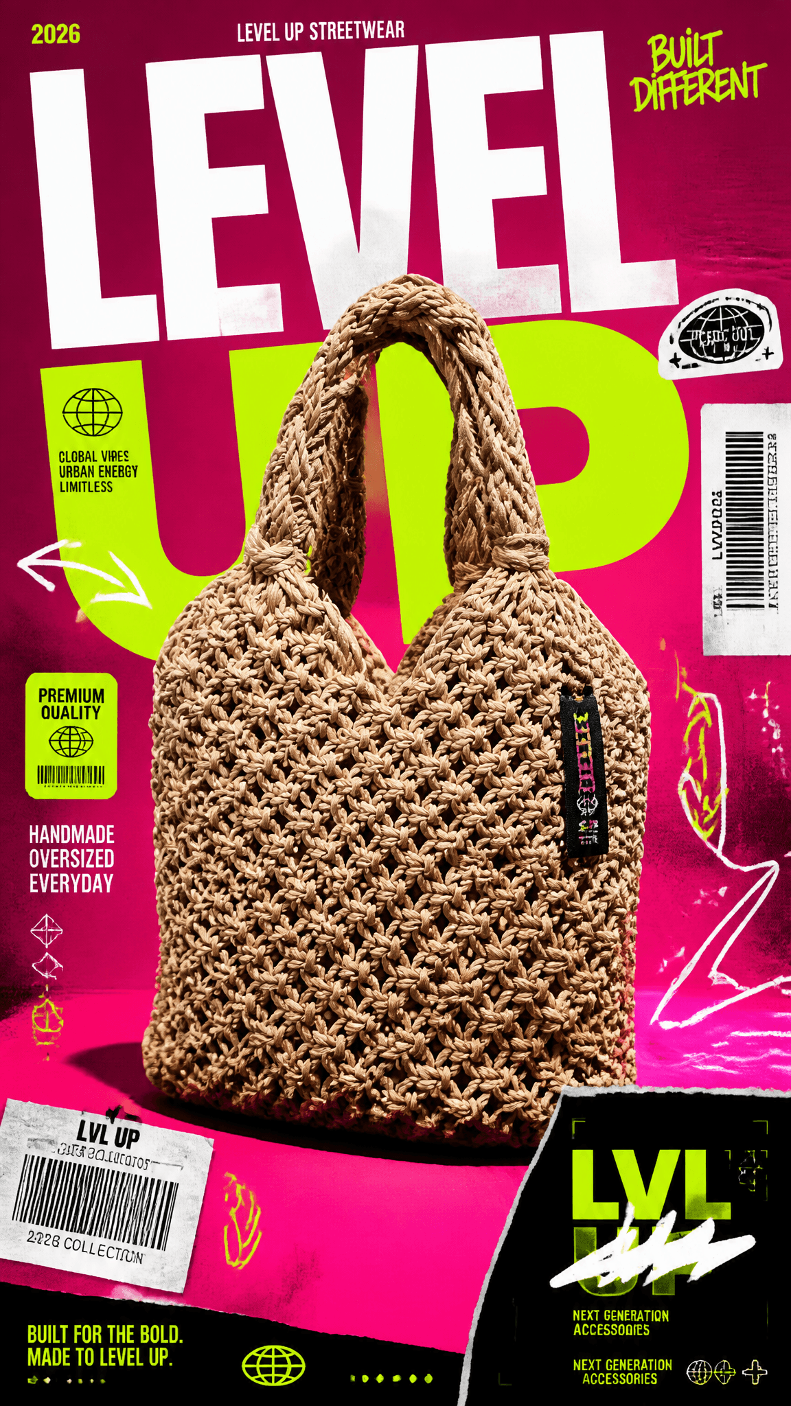 A premium 9:16 streetwear accessories advertising poster.Cen