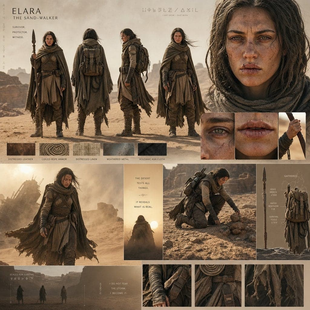 An epic desert-world cinematic character board with monument