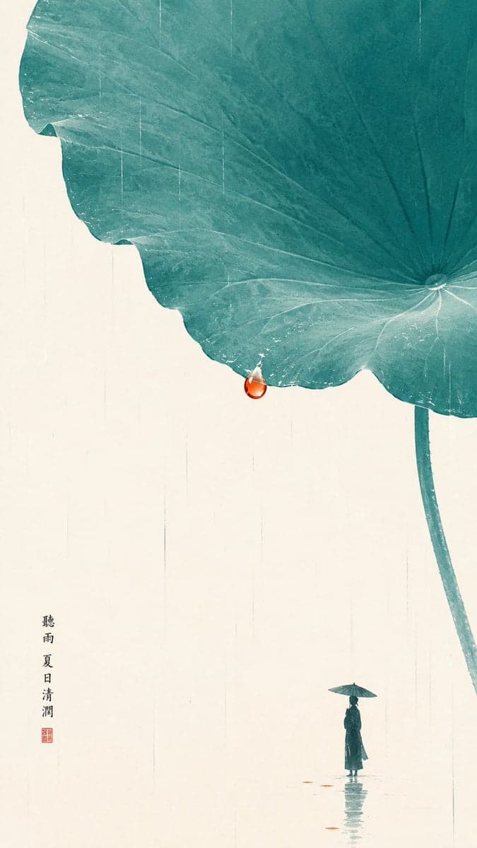 主题方向:东方禅意极简人物插画
风格分支:高对比清润型
主体内容:一位小人物站在巨大荷叶下听雨
情绪母题:清润、夏日、静