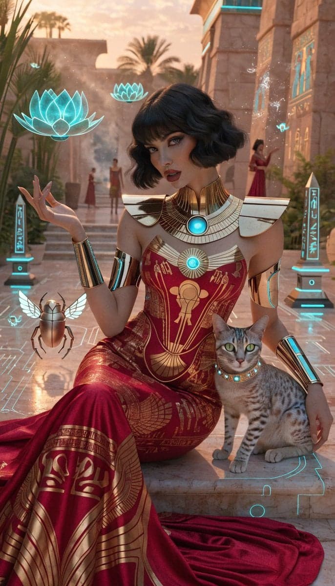Photorealistic retro-futuristic Egyptian cyberpunk queen sea