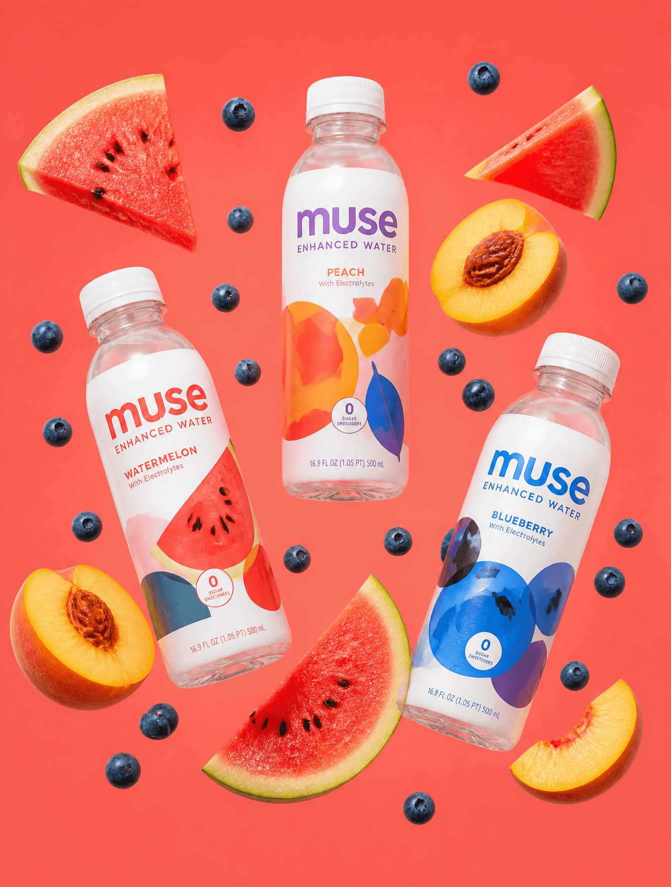 Three branded plastic bottles of Muse enhanced water are sus