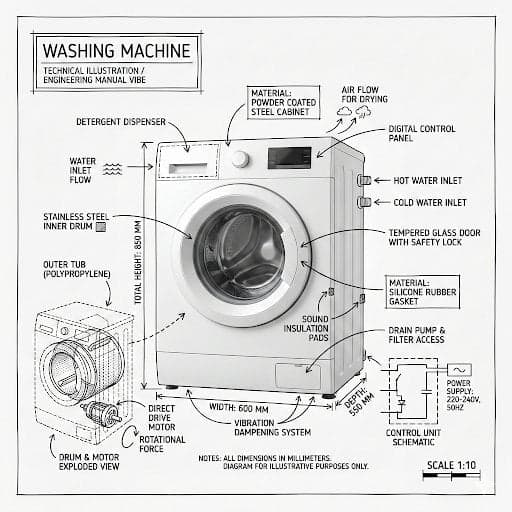 Create an infographic image of [washing machine], combining 