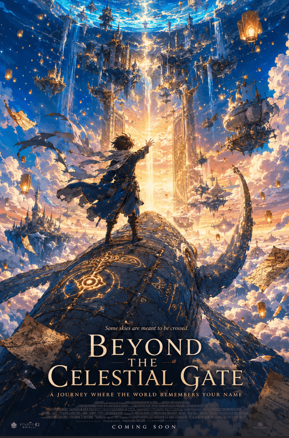 A breathtaking anime fantasy movie poster in portrait format