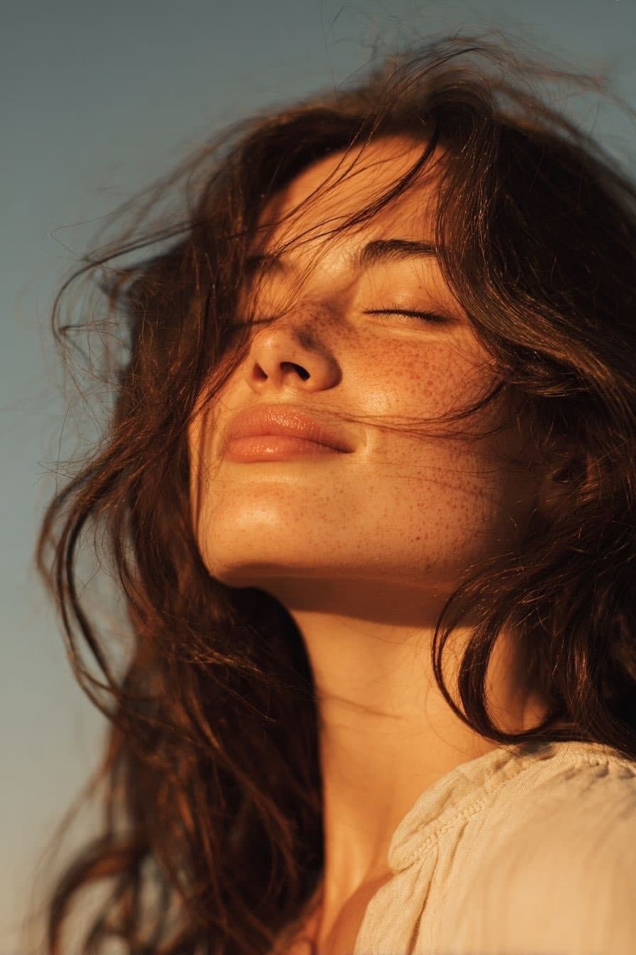 Ultra-realistic golden hour close-up portrait of a young wom