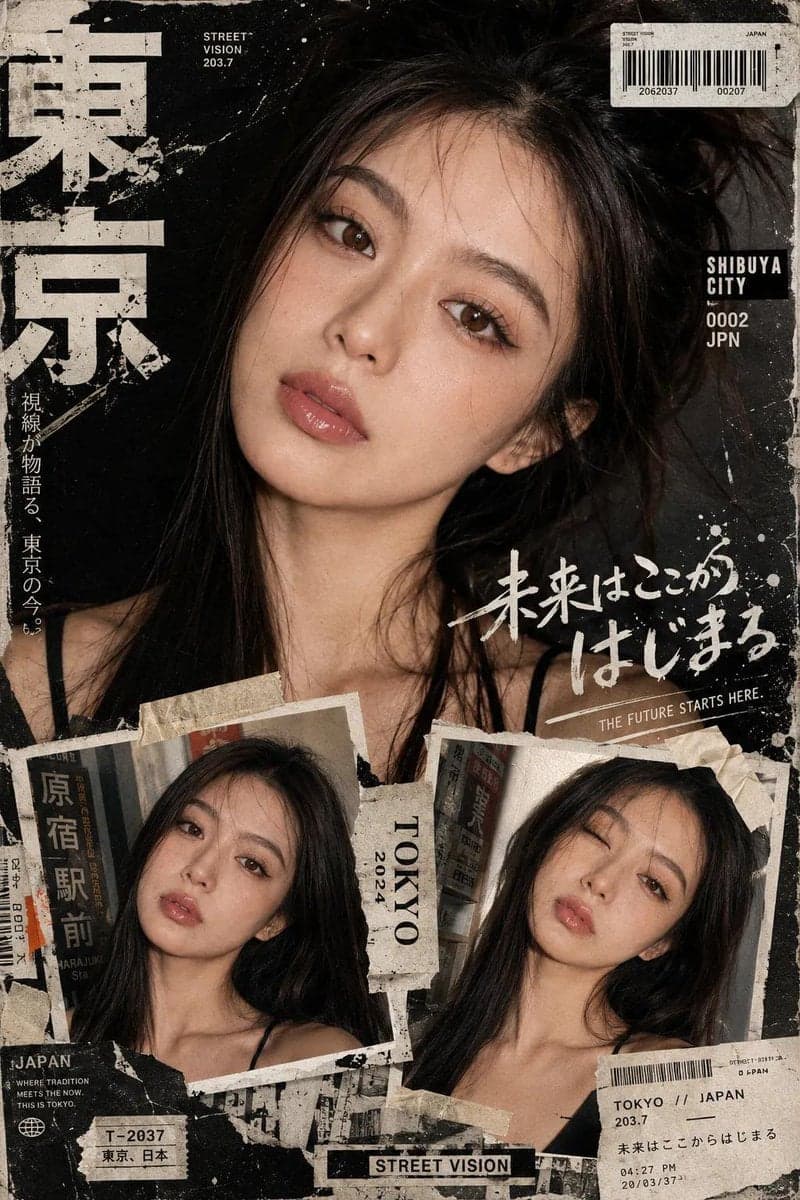 Create a bold Y2K Japanese street-editorial collage poster w
