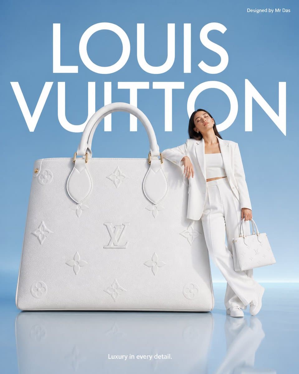 Minimalist commercial ad featuring oversized white Louis Vui