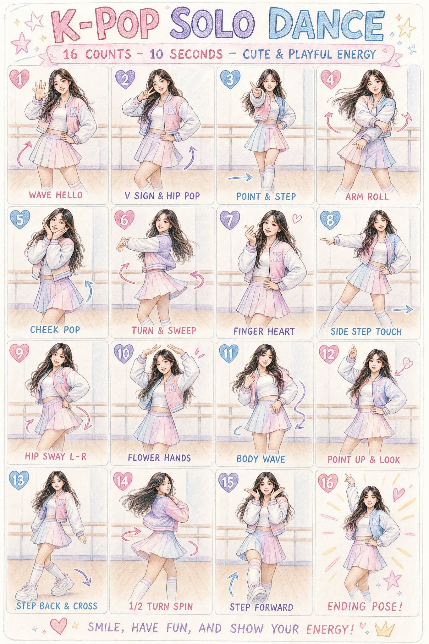 A colored pencil sketch style choreography sheet infographic