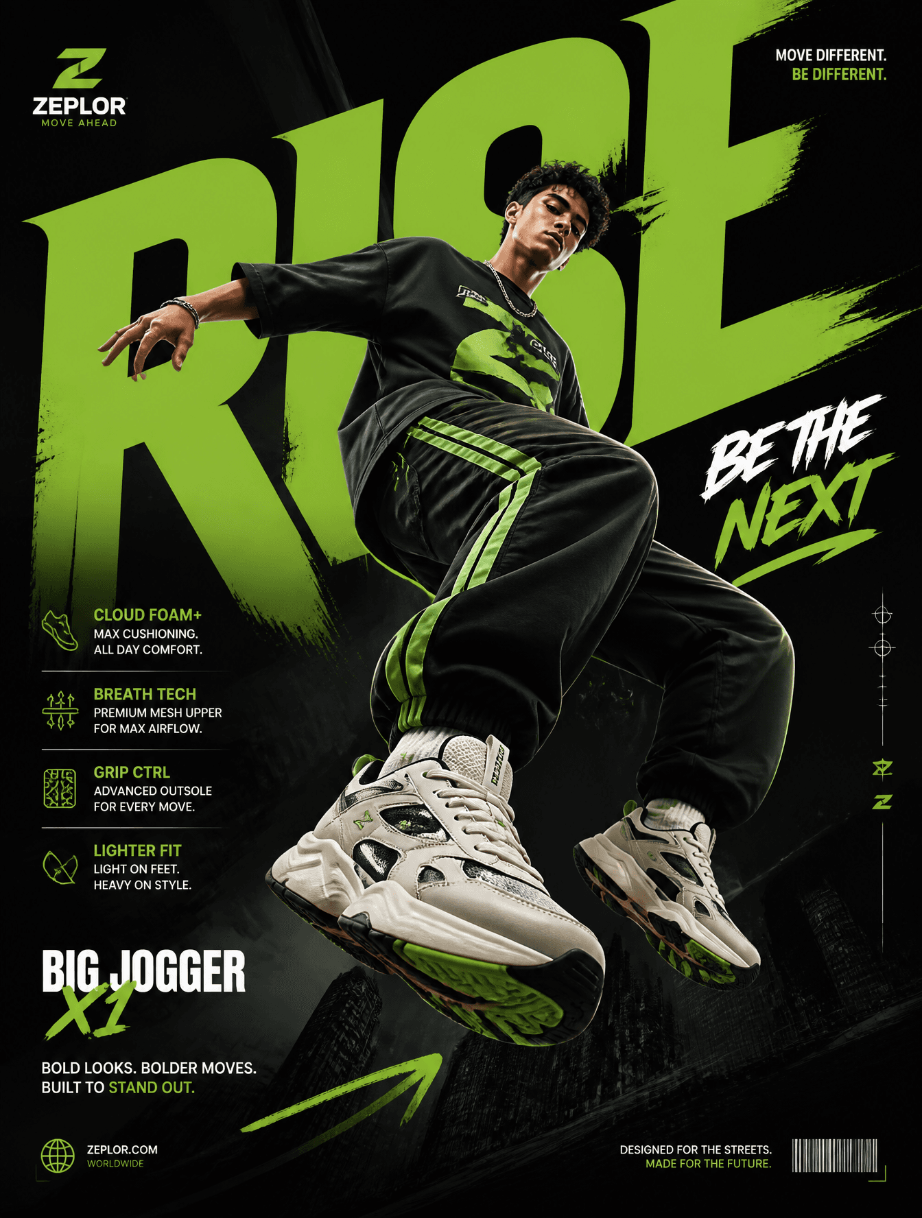 Generate a perfectly graphic designed poster of Shoe adverti