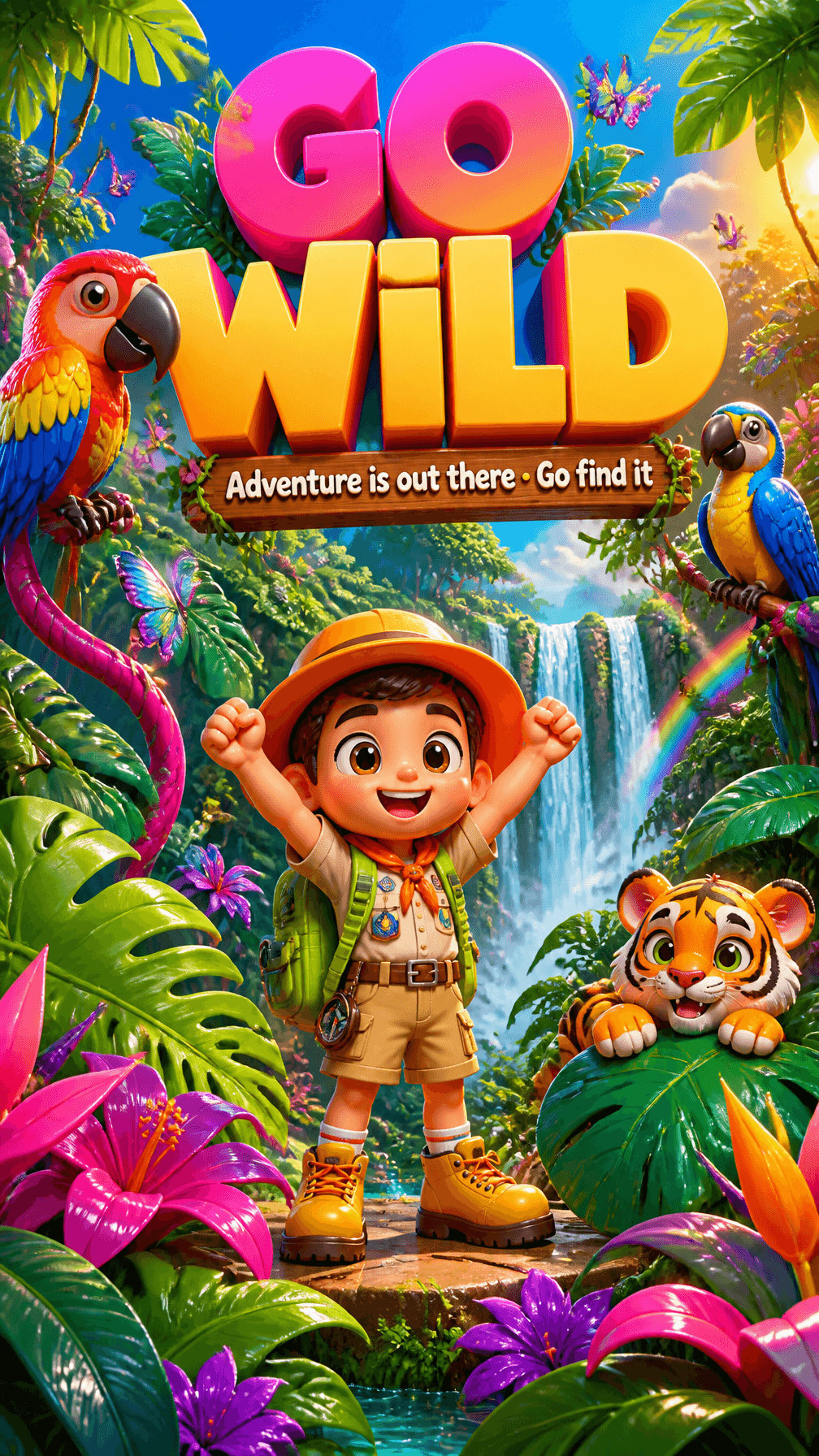 PROMPT:A wildly colorful and adventurous vertical poster bur