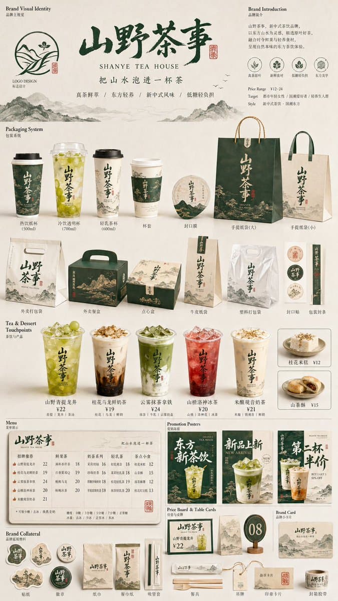 生成一张[餐饮品牌触点矩阵]系列视觉图，用于展示一个完整的餐饮品牌视觉系统与包装应用方案。 这是一个面向餐饮行业的品牌V