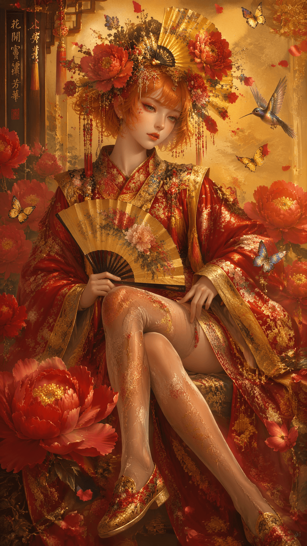 Vertical ornate Chinese meticulous painting, exquisite young