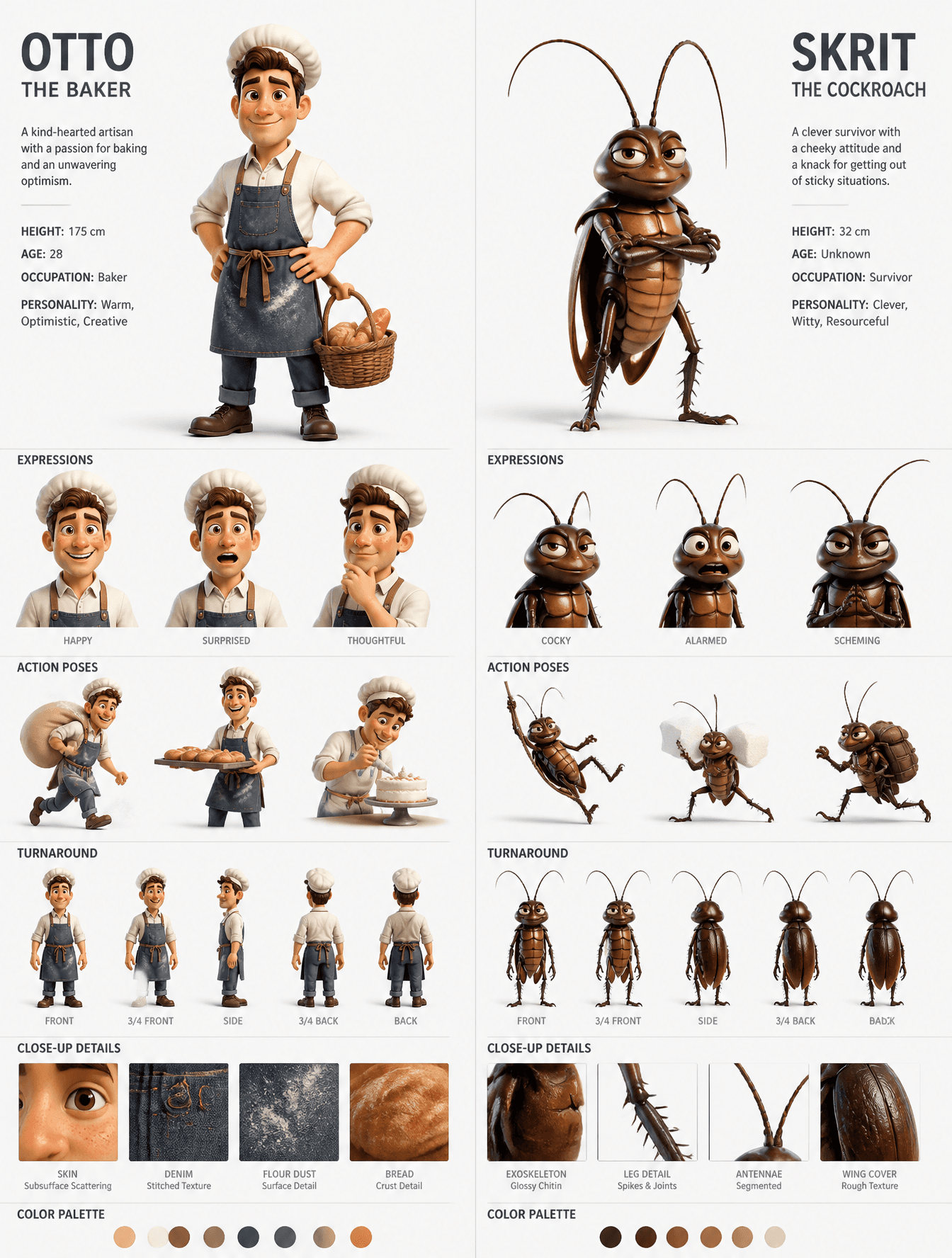 A professional 3D character design sheet displays two distin