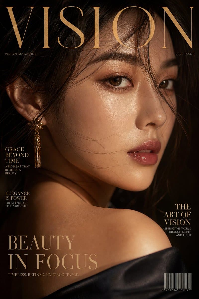Luxury extreme close-up portrait, magazine cover style, titl