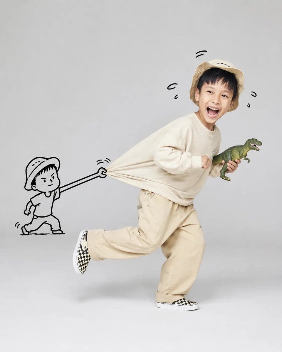 A playful, high-key studio portrait of [Subject] running joy