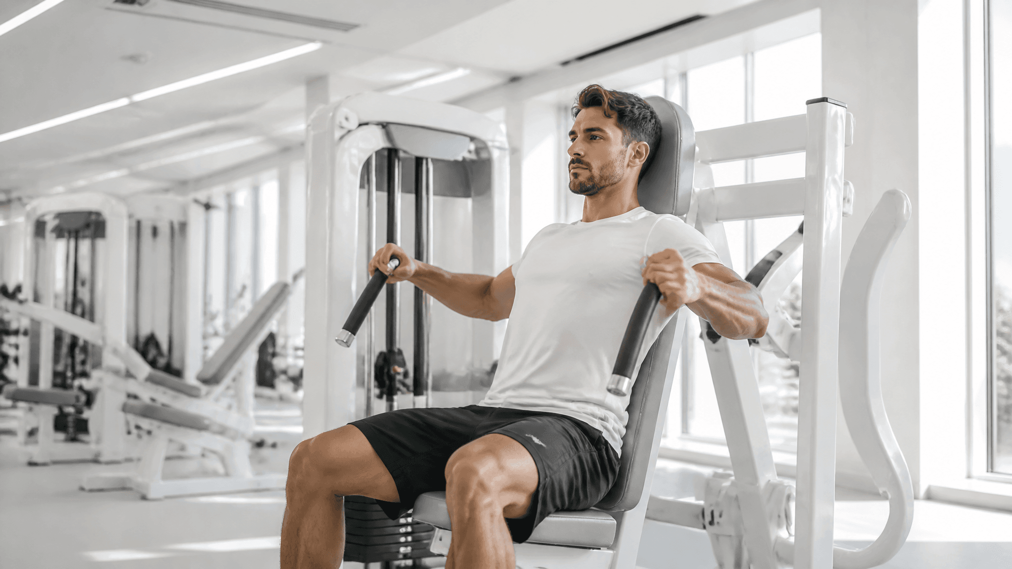 Ultra-realistic athletic man using a premium gym machine, po