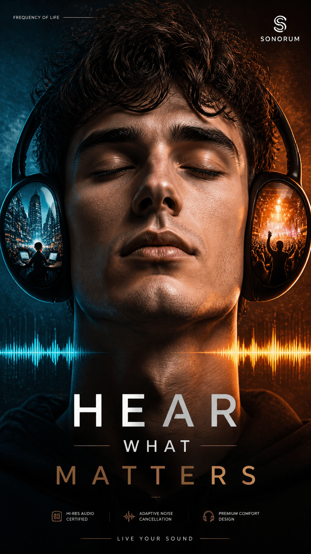 A premium 9:16 headphones advertising poster.Main Subject:A