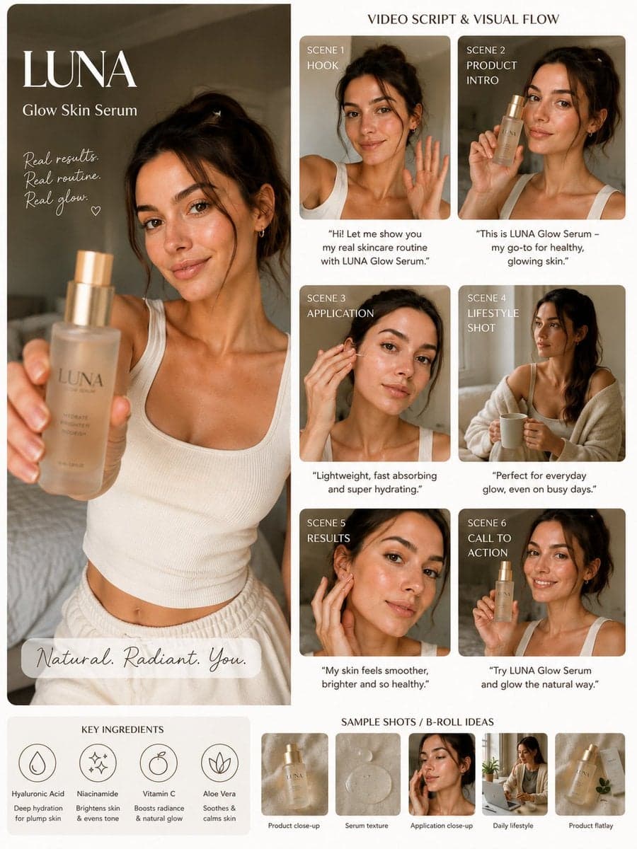 (Luxury AI UGC skincare campaign board), warm beige aestheti