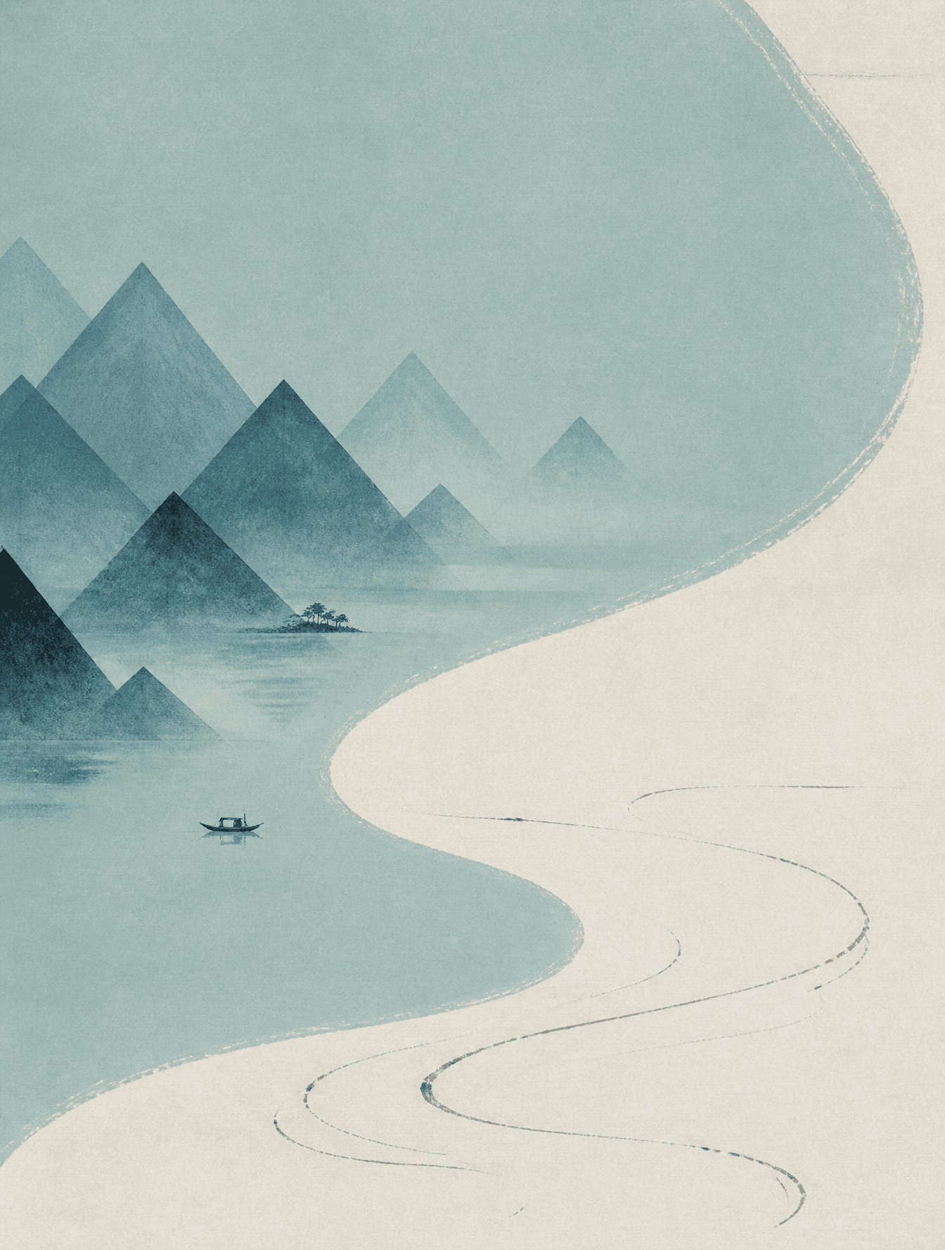 一幅融合宋代山水画意境与极简主义构成的现代艺术作品。画面以天青色为主调，占据60%面积。采用S型构图，远山以几何化的三角