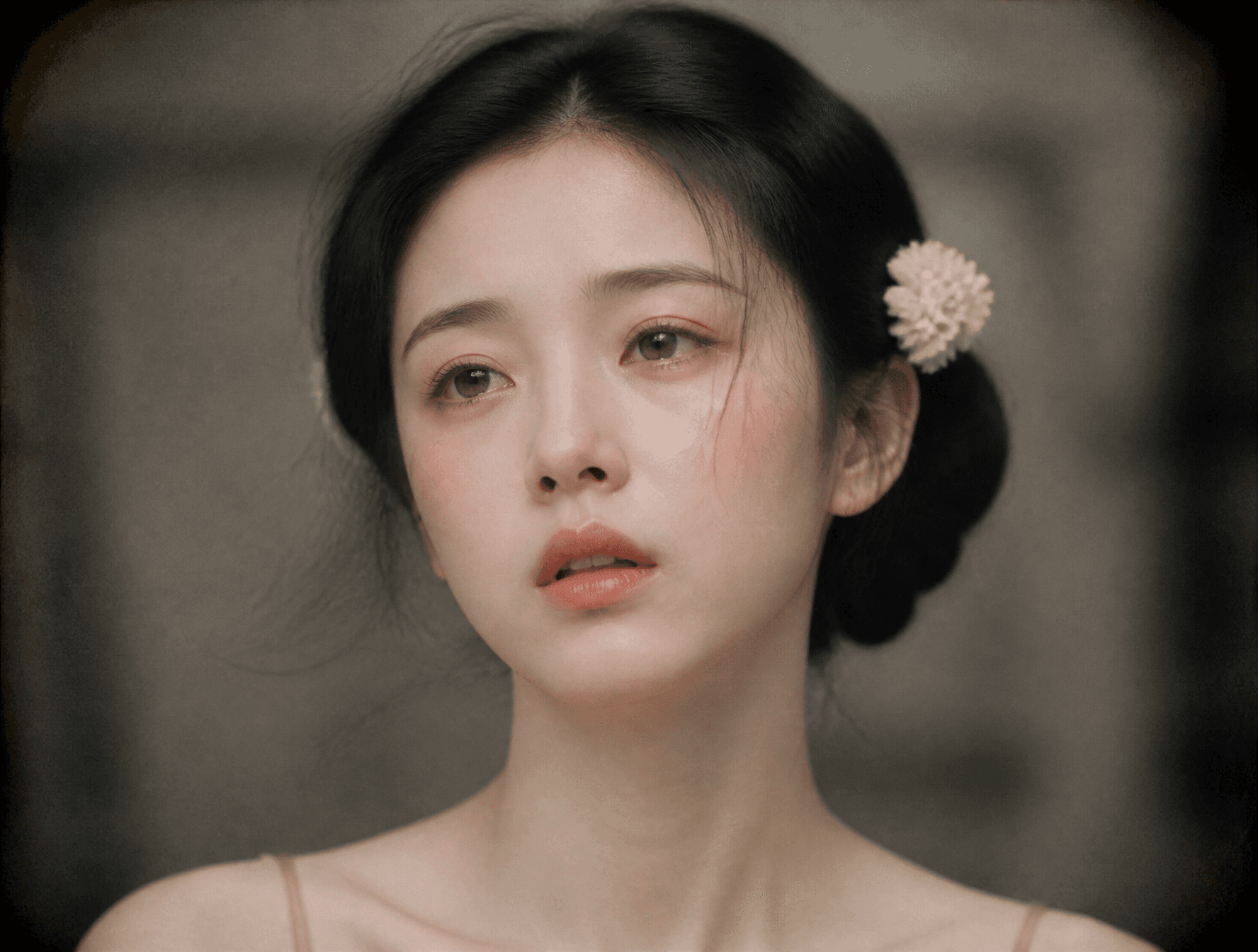 工笔重彩与超写实摄影融合风格,民国舞女肖像。竖幅构图,正面近景人像,人物位于画面中央,占据约四分之三高度,面部集中于画面