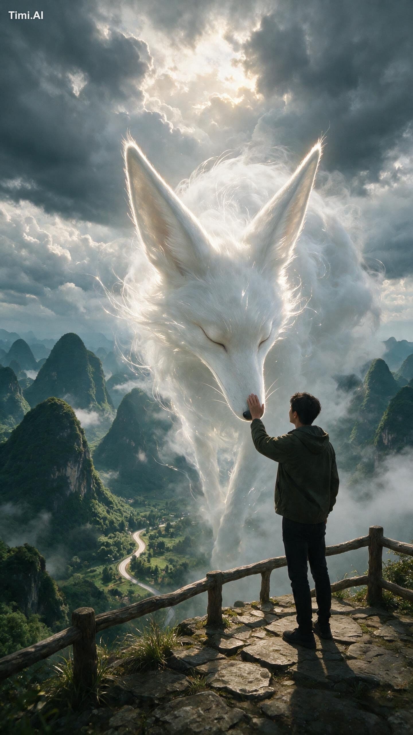 A cinematic fantasy scene from a slightly low, over-the-shou