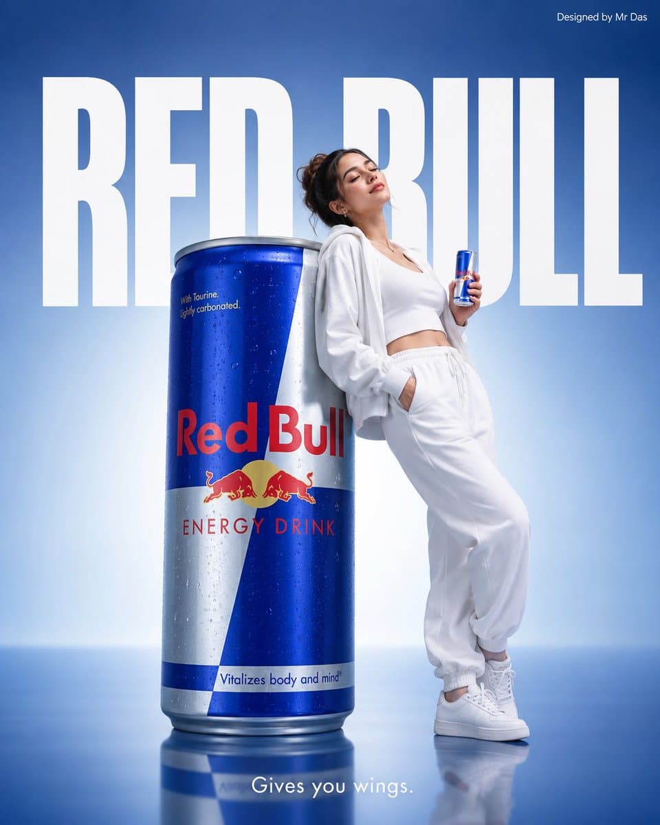 Minimalist commercial ad featuring oversized Red Bull Energy