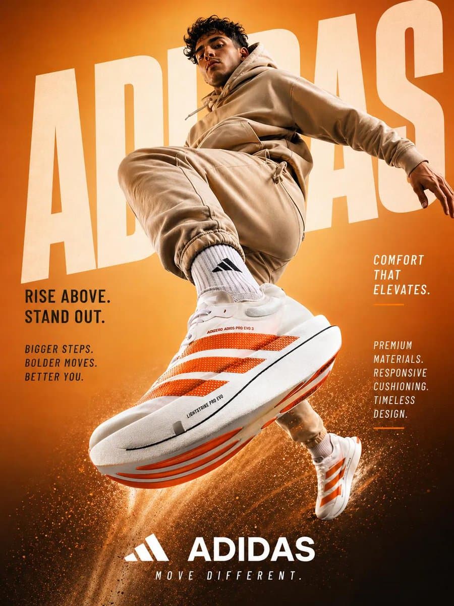 A dynamic sportswear advertisement featuring a young athleti