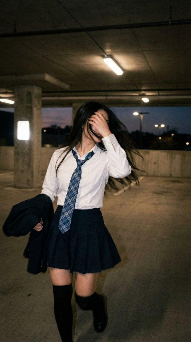 Candid portrait of a young woman in a dim parking garage, we
