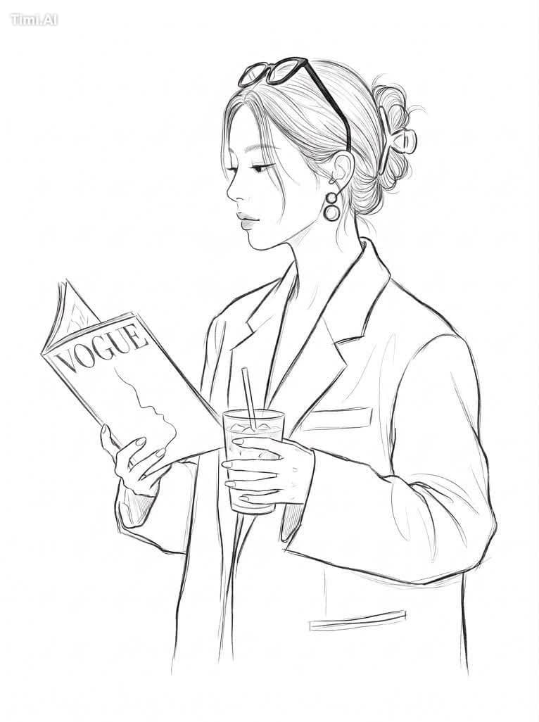 Minimalist black-and-white fashion pencil drawing of a woman