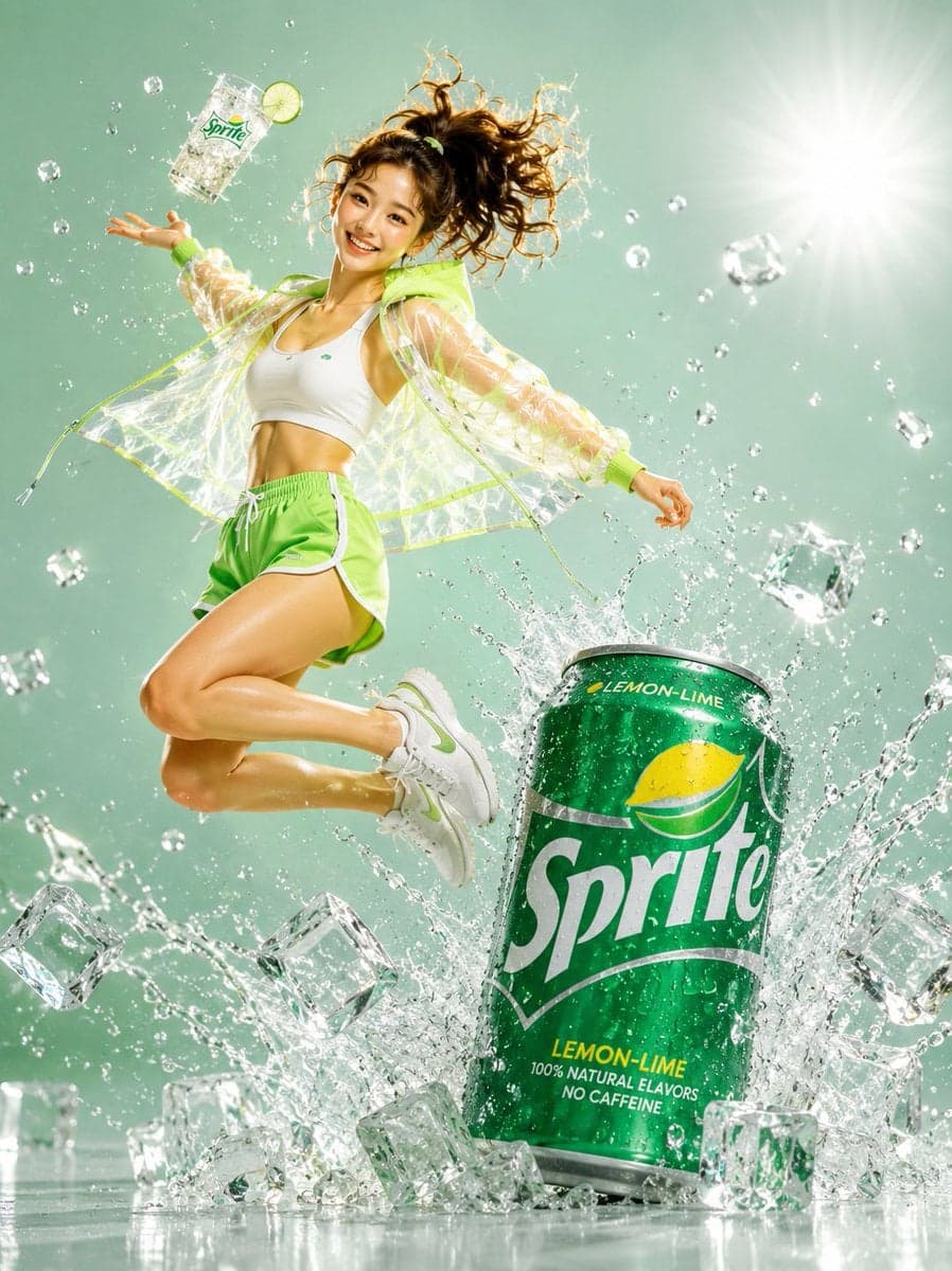 A young woman mid-air jumping pose, high ponytail flying, pu